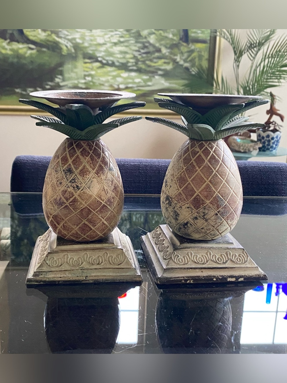 Vtg Metal Pineapple Pillar Candle Holders Set of 2 Bed Bath & Beyond 6.75”